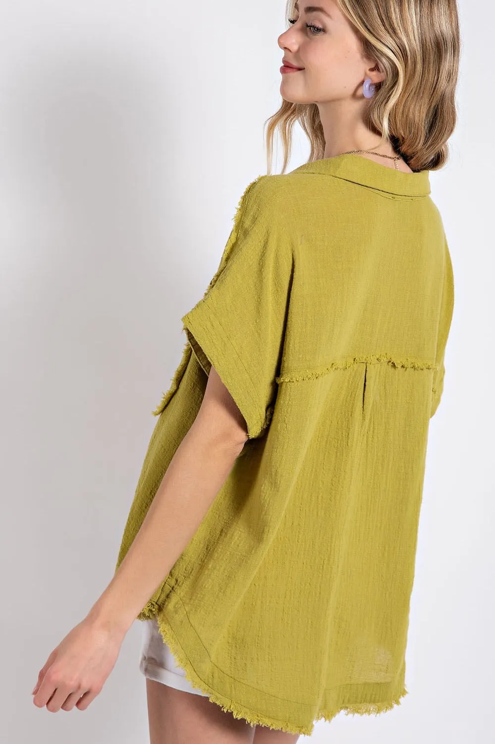 Apple Green Raw Edge Cotton Pullover Top