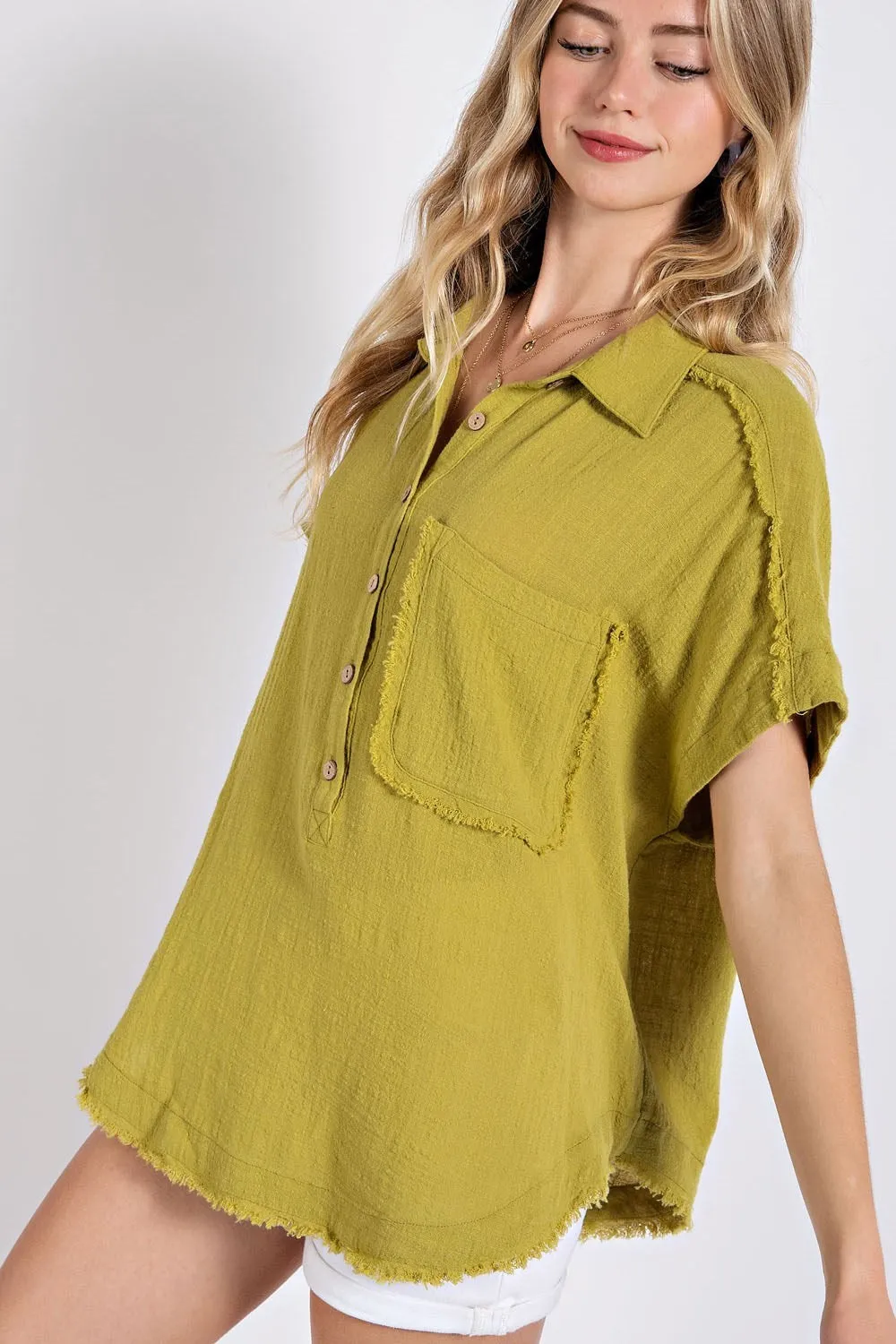 Apple Green Raw Edge Cotton Pullover Top