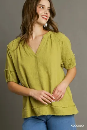 Avocado V-Neck Cotton Gauze Top