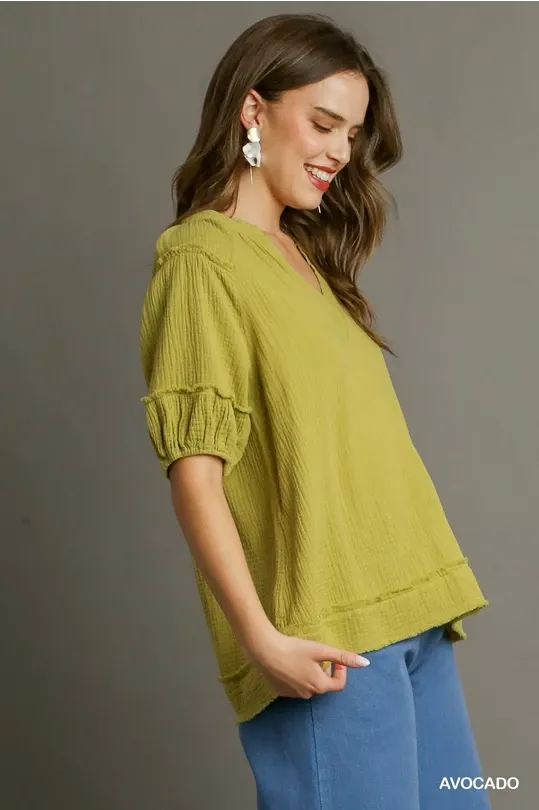 Avocado V-Neck Cotton Gauze Top