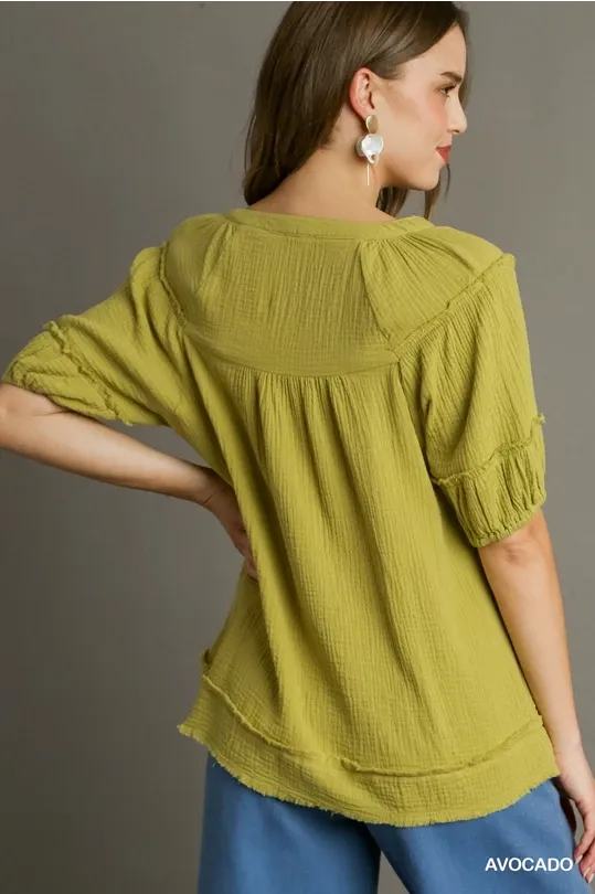 Avocado V-Neck Cotton Gauze Top