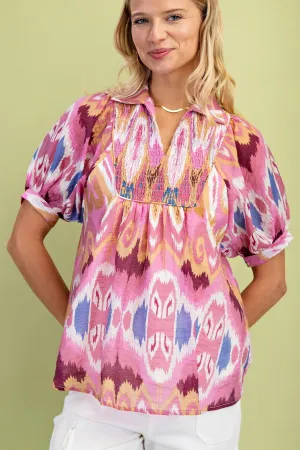 Berry Mix Smocked Yoke Ikat Top