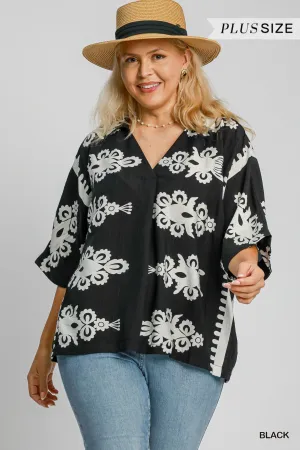 Black & Cream Border Print Oversized Top