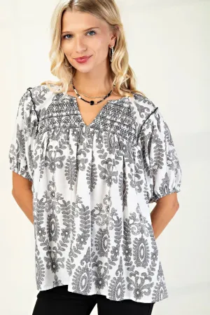 Black on White Smocked Short Sleeve Top