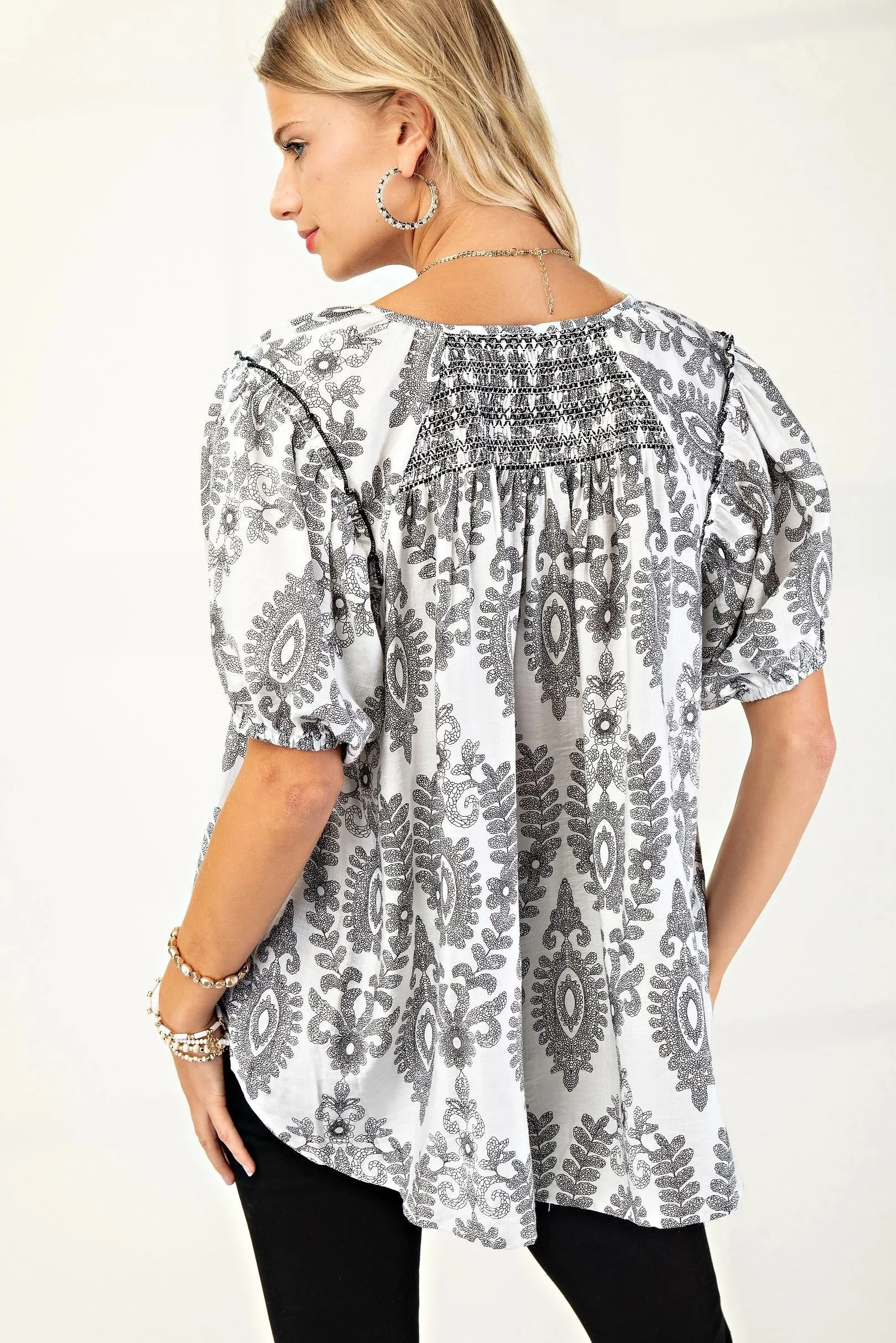 Black on White Smocked Short Sleeve Top