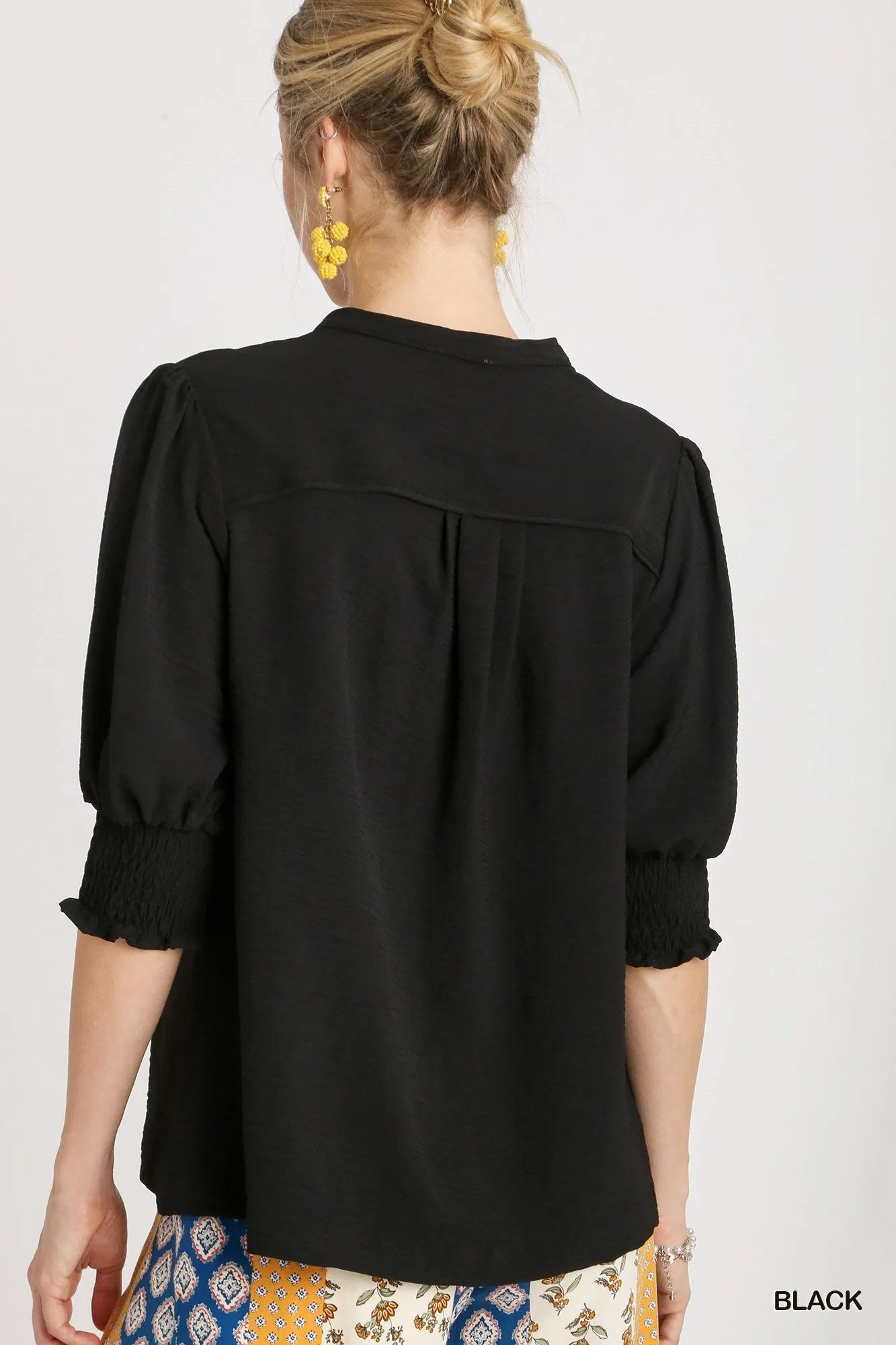 Black Smocked Cuff Blouse