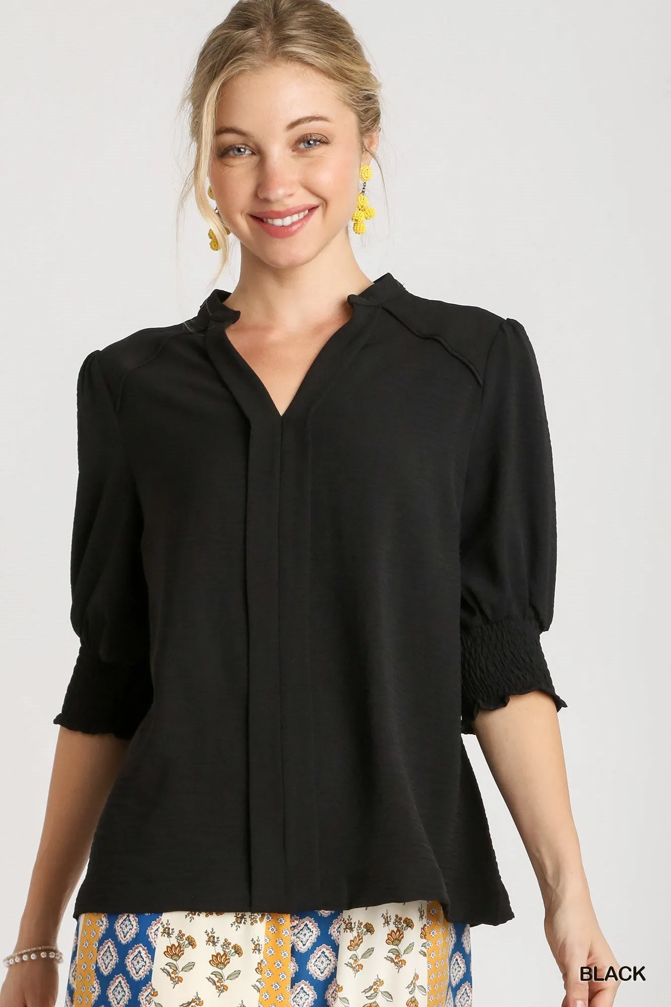 Black Smocked Cuff Blouse