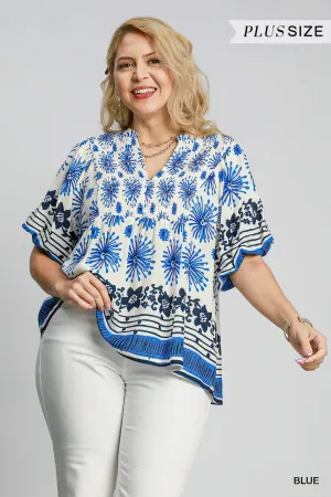Blue Mixed Border Print Smocked Top