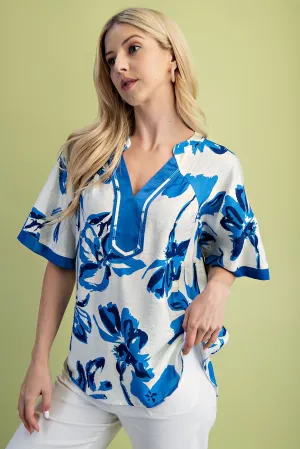 Blue on White Floral V-Neck Top