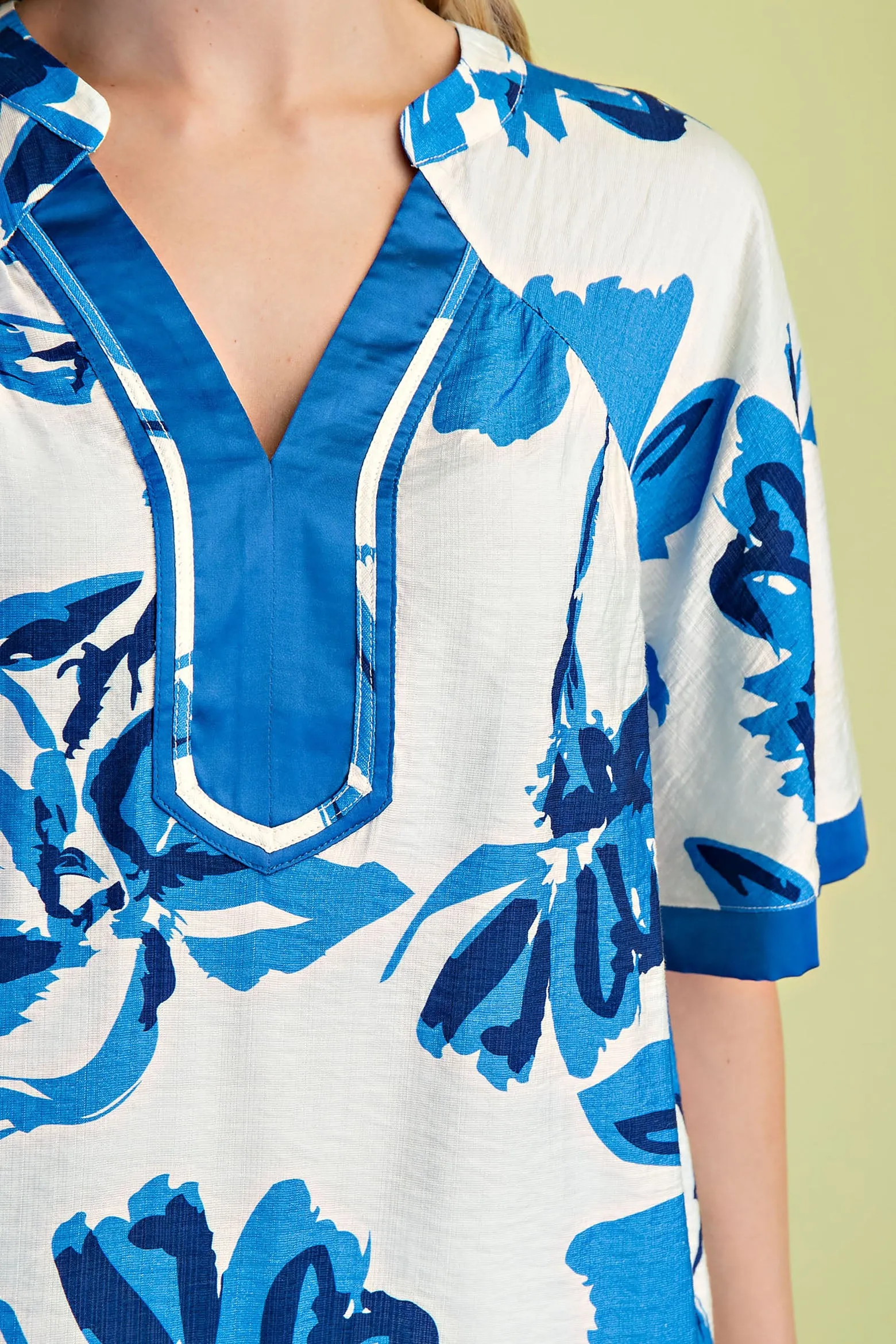 Blue on White Floral V-Neck Top