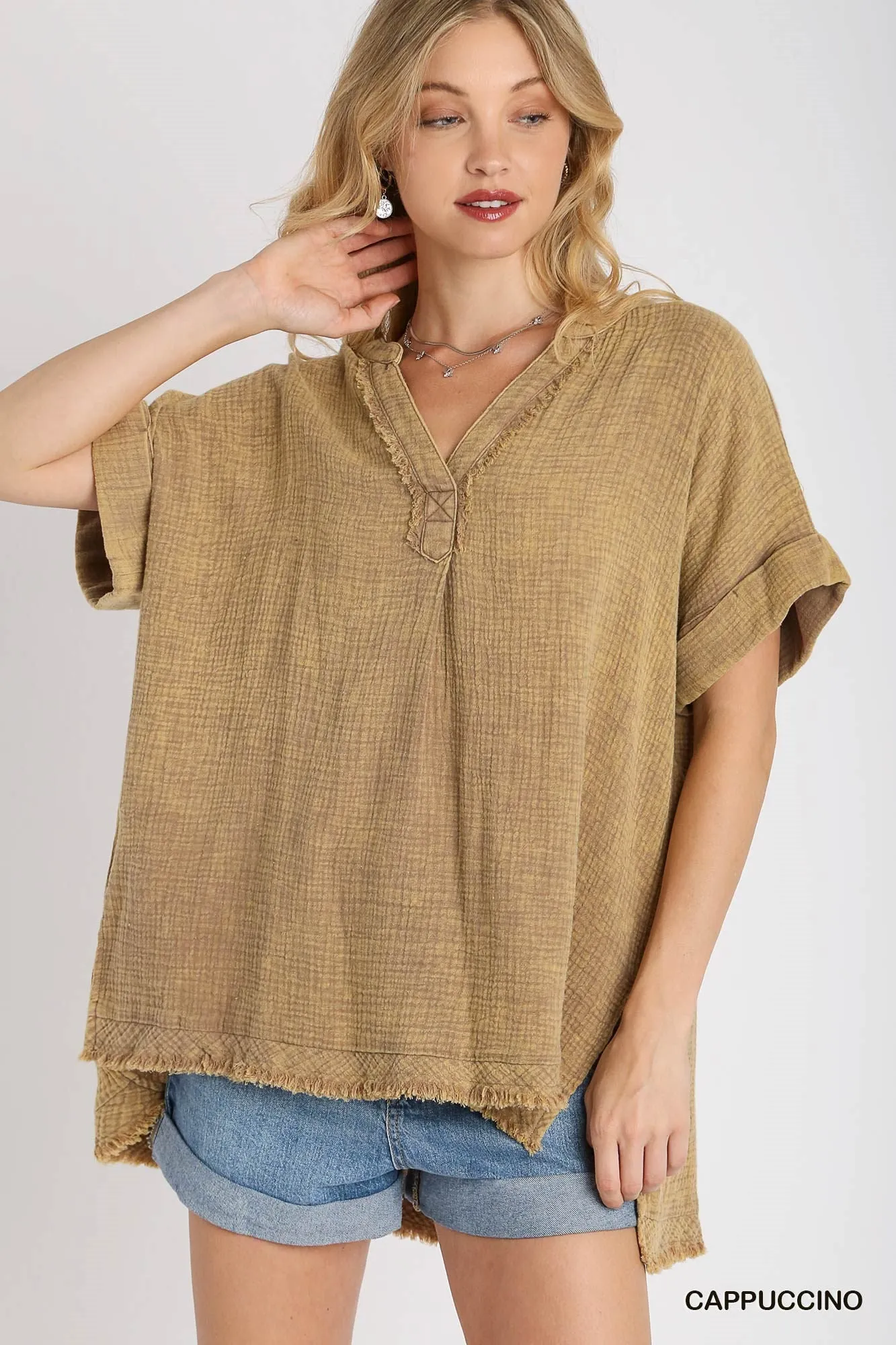 Cappuccino Mineral Wash Gauze Tunic Top