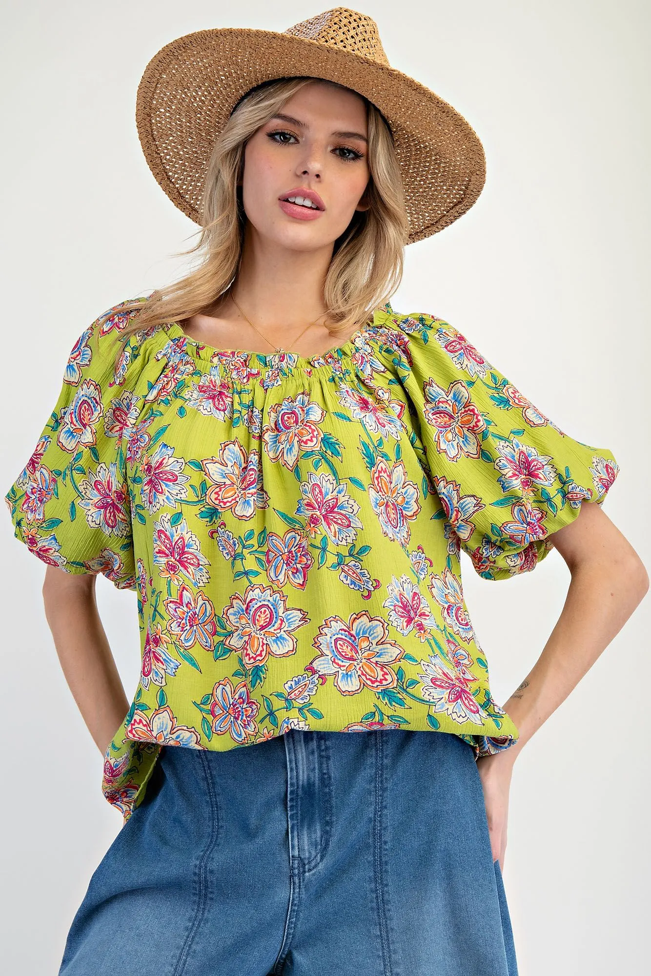 Chartreuse Floral Peasant Blouse