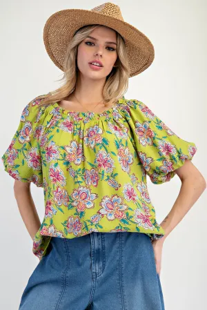 Chartreuse Floral Peasant Blouse
