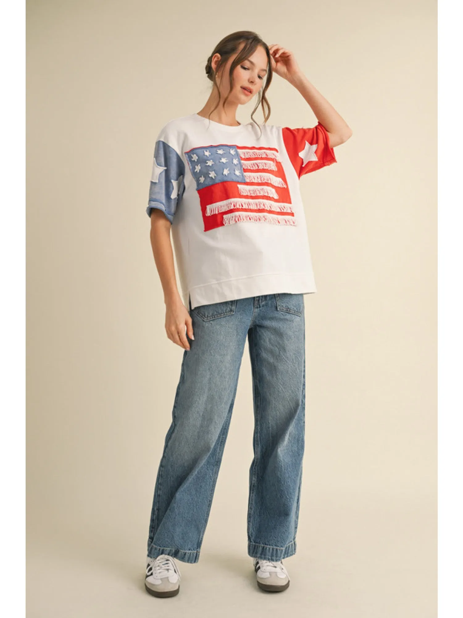 Color Block  Fringe American Flag Top