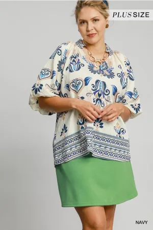 Cream Top w/  Navy Border Print & Puff Sleeves