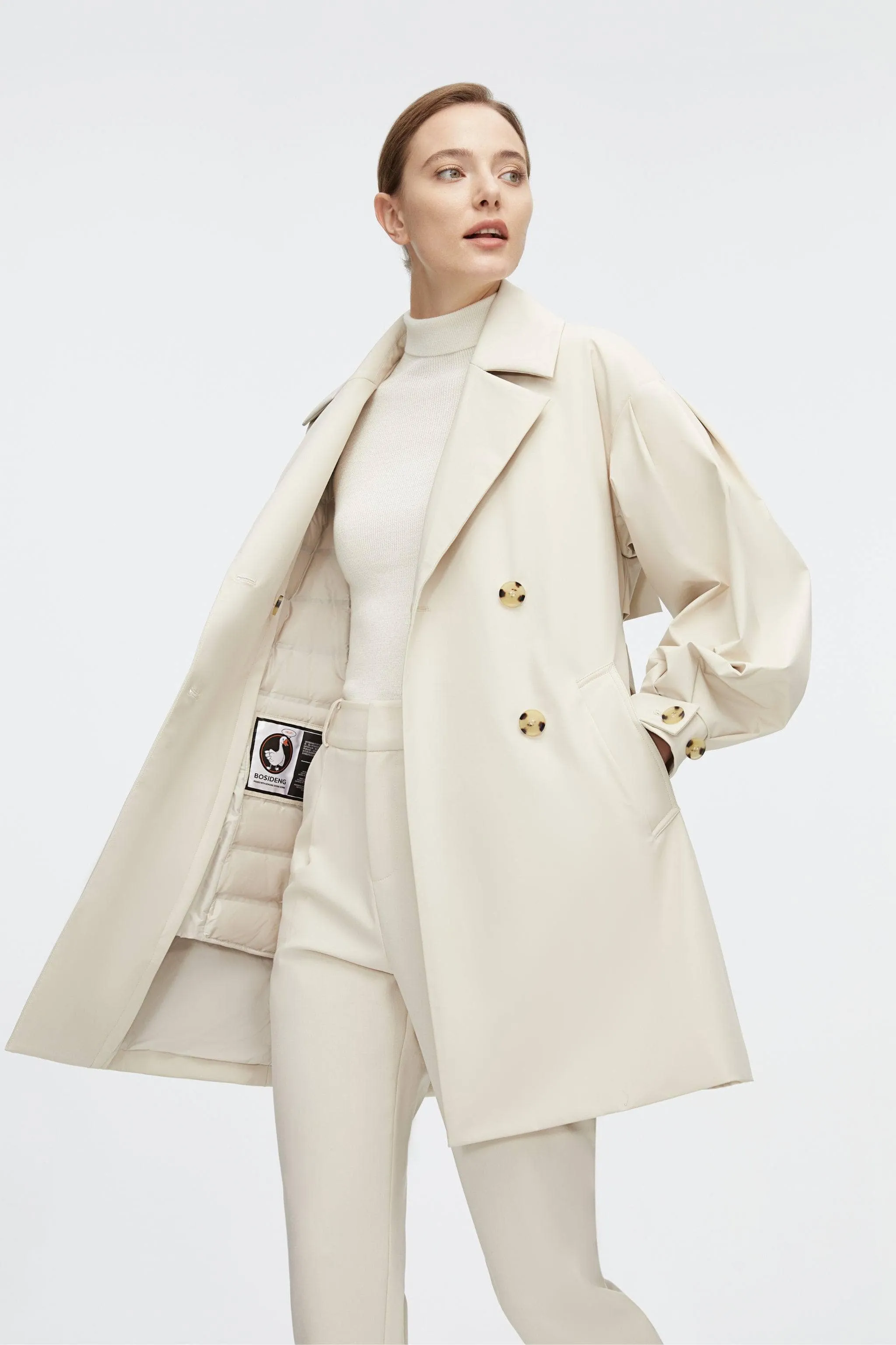 Dropped Shoulder Detachable Goose Down Trench Coat