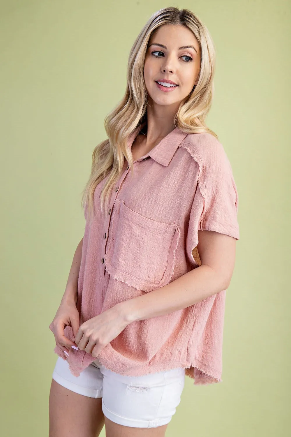 Dusty Rose Raw Edge Cotton Pullover Top