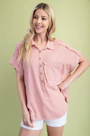 Dusty Rose Raw Edge Cotton Pullover Top
