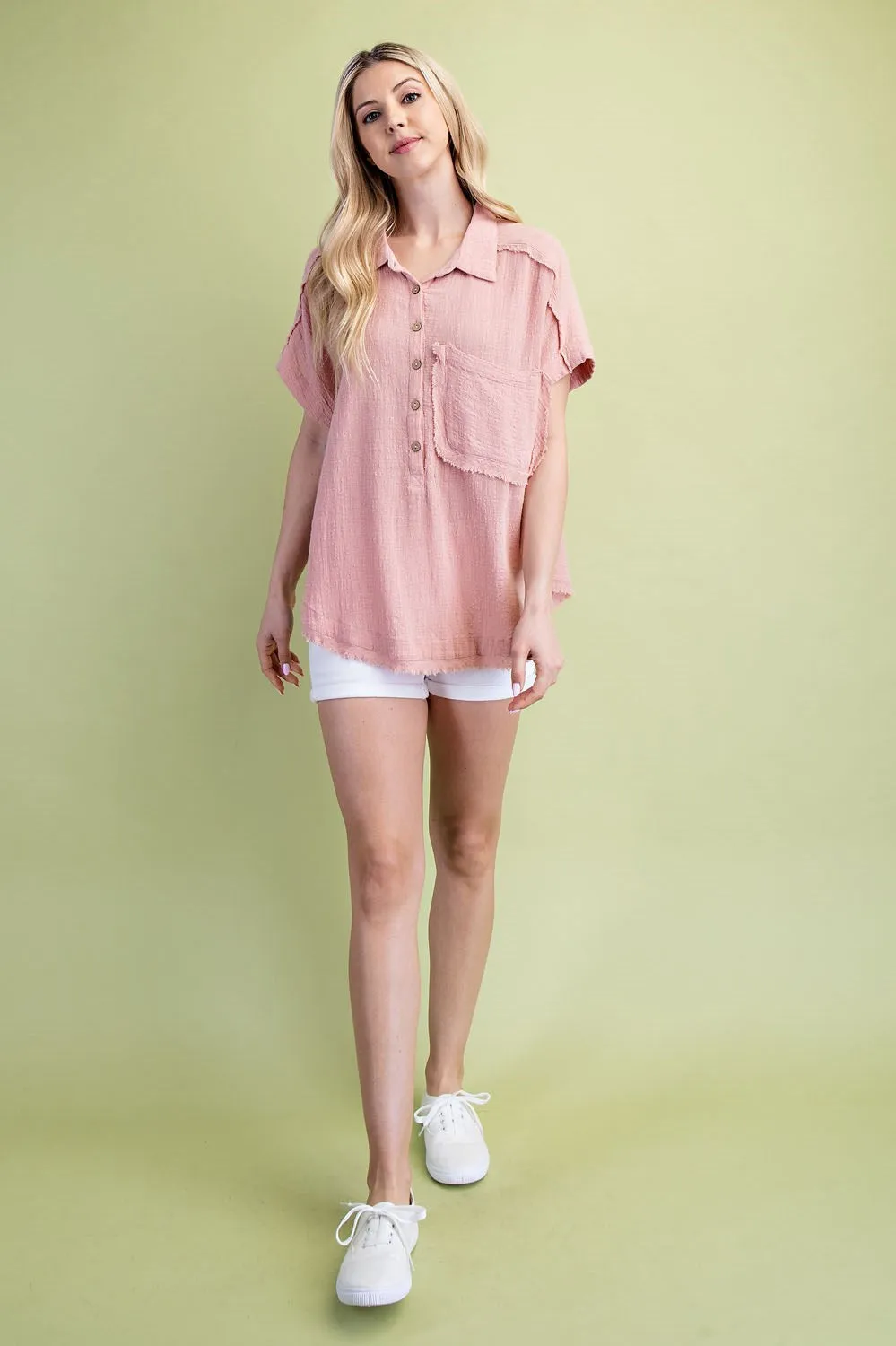 Dusty Rose Raw Edge Cotton Pullover Top
