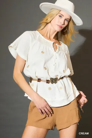 Embroidered Cream Cotton Button-Down Top