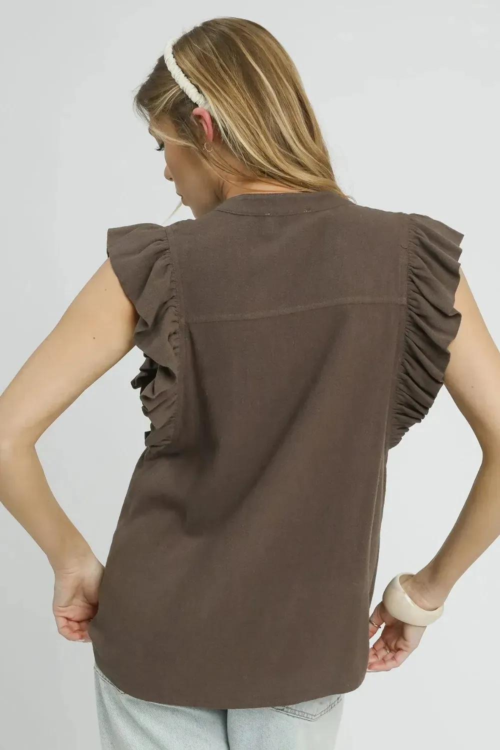 Espresso Linen Ruffle Sleeve Button Down Top
