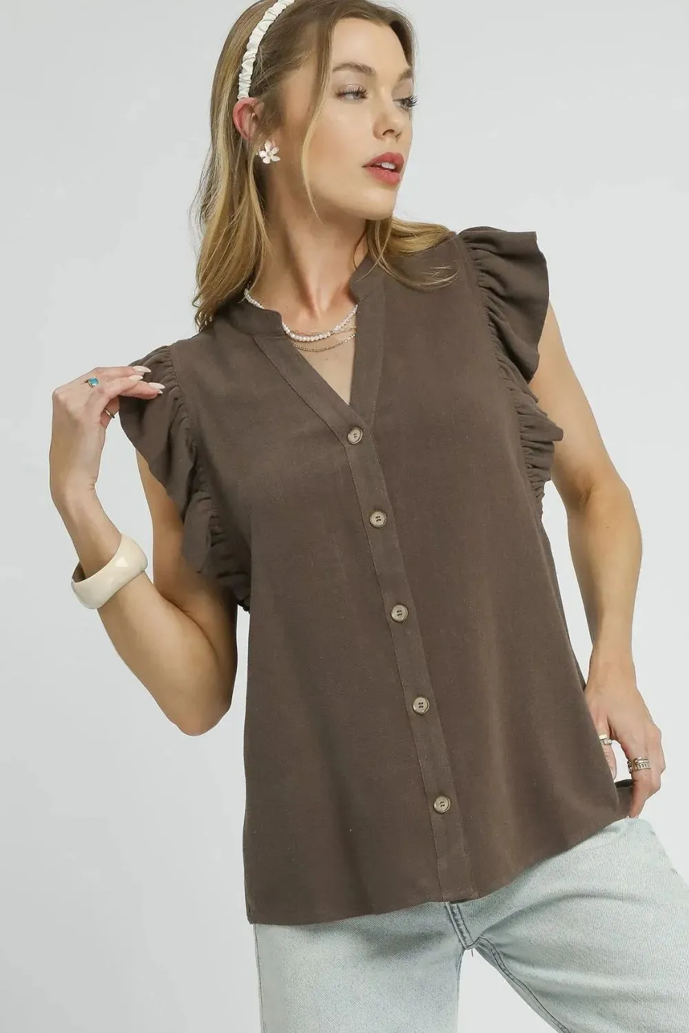 Espresso Linen Ruffle Sleeve Button Down Top