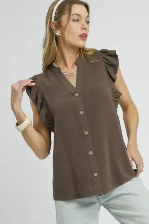 Espresso Linen Ruffle Sleeve Button Down Top