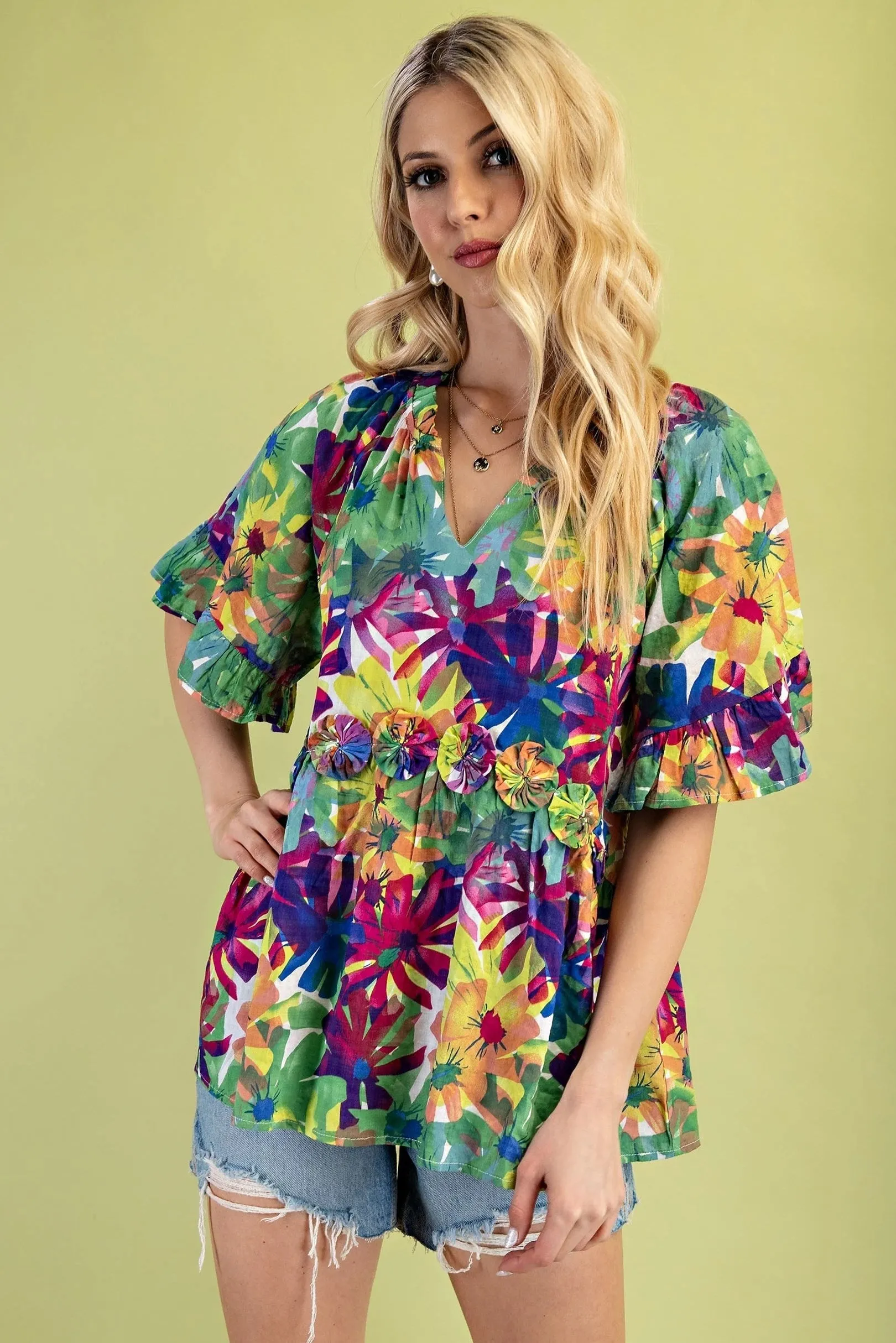 Green Mix Boho Bloom Rosette Top