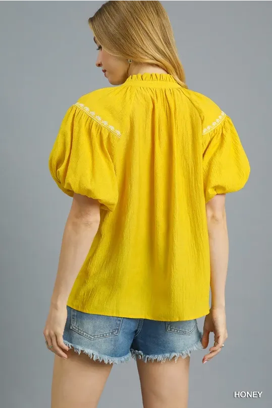 Honey Floral Embroidered Puff Sleeve Top