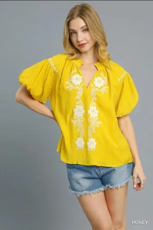 Honey Floral Embroidered Puff Sleeve Top