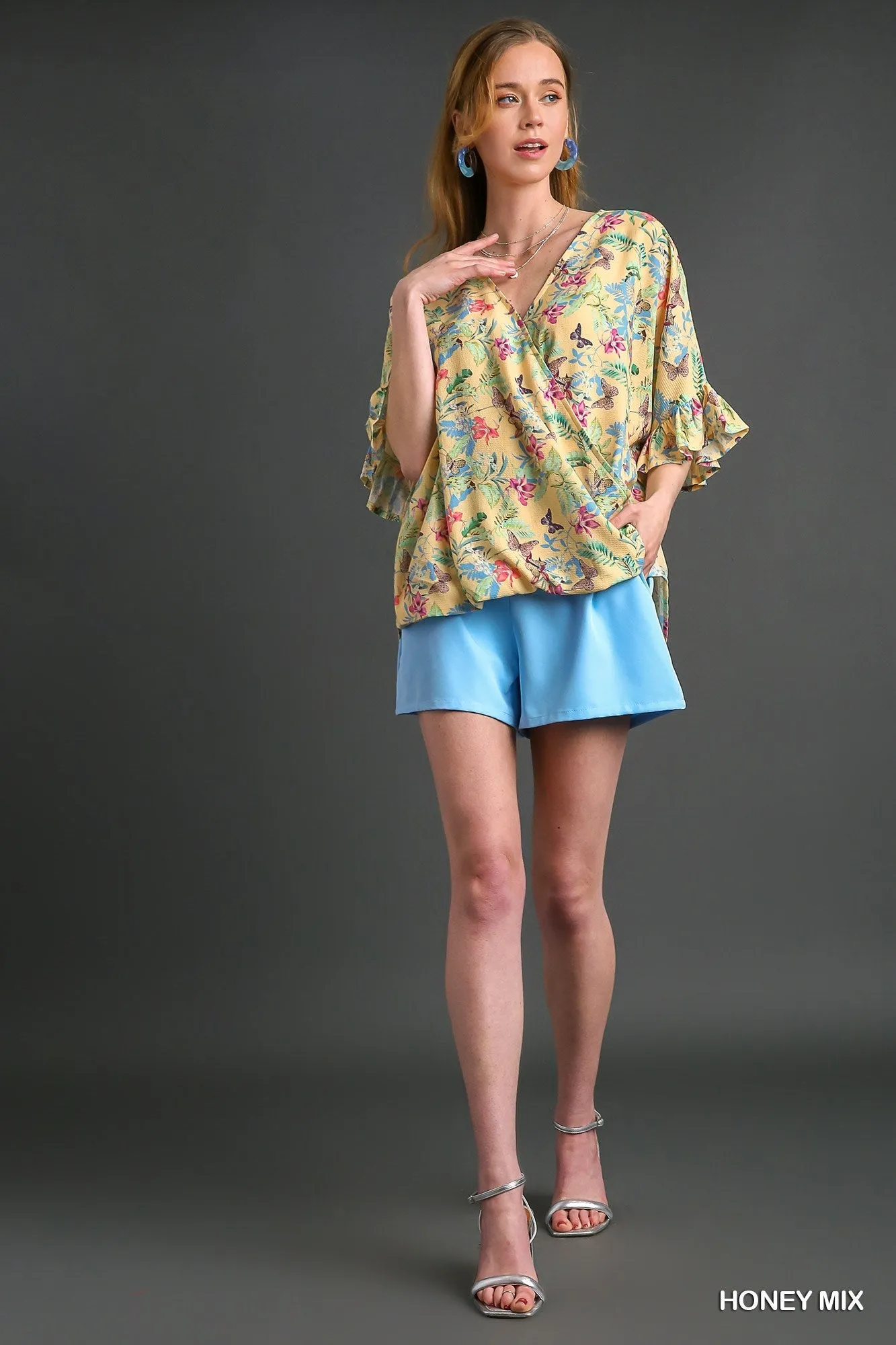 Honey Mixed Print Blouse with Ruffle Sleeves