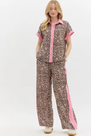 Leopard Top &  Pant Set w/ Pink Trim