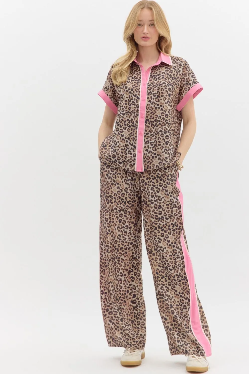 Leopard Top &  Pant Set w/ Pink Trim