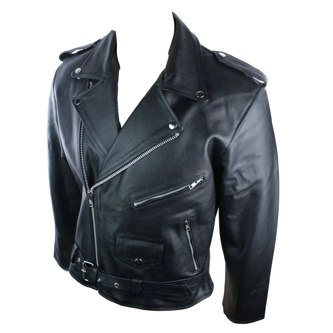 Men's 100% Leather Brando Classic Biker Jacket Black