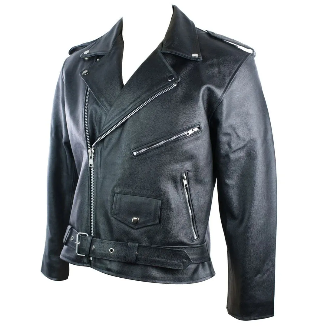 Men's 100% Leather Brando Classic Biker Jacket Black
