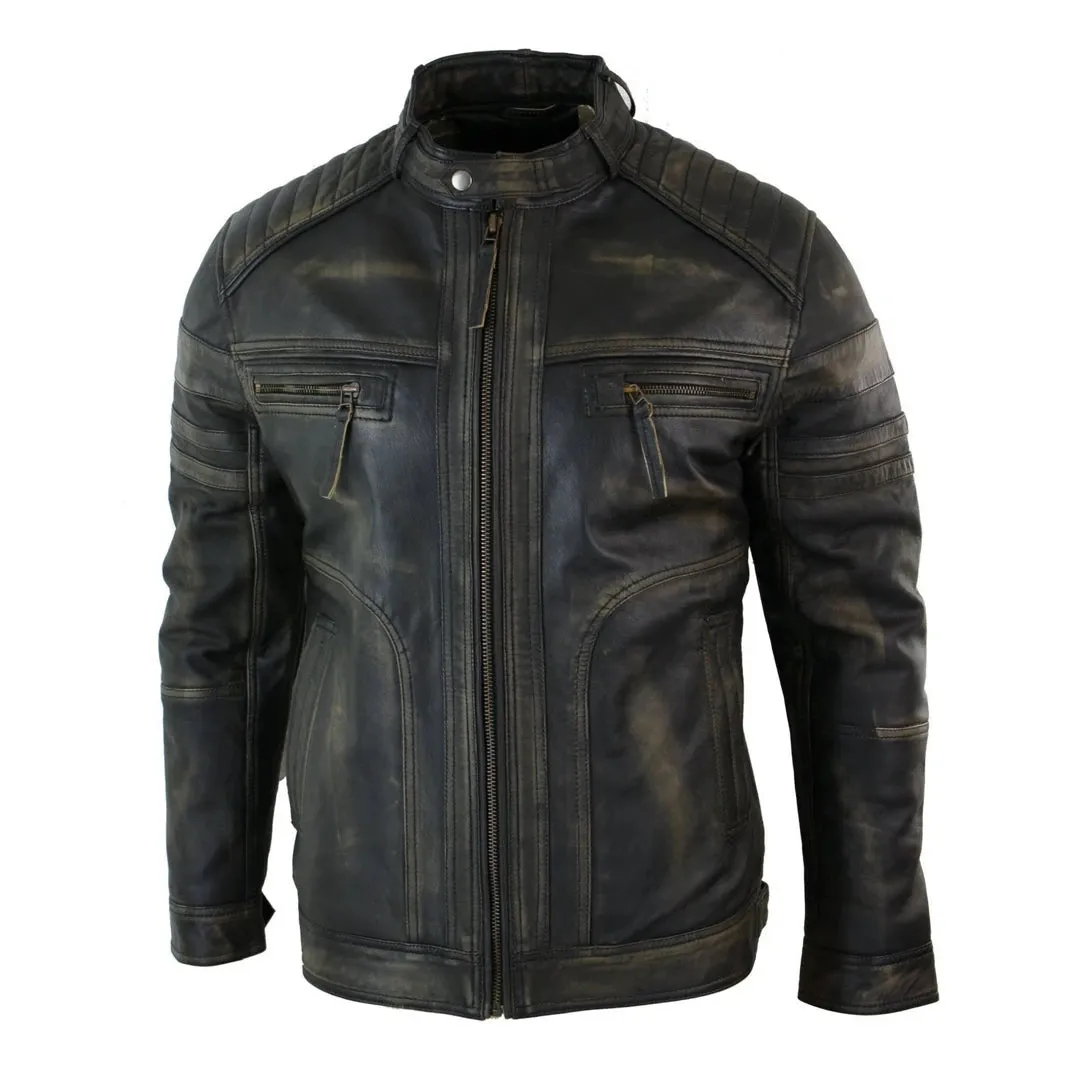 Men's Black Brown Biker Leather Jacket Distressed Zipped