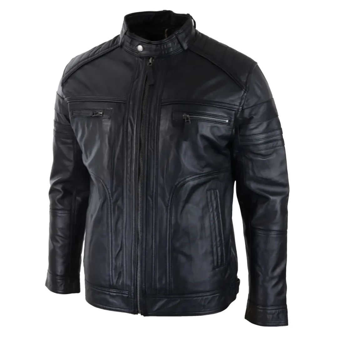 Men's Black Brown Biker Leather Jacket Distressed Zipped