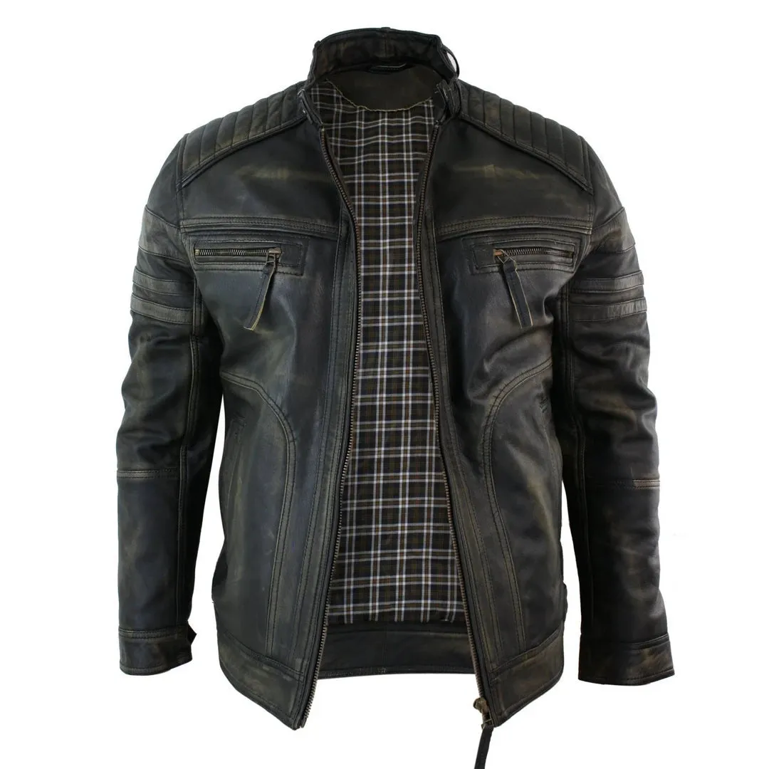 Men's Black Brown Biker Leather Jacket Distressed Zipped