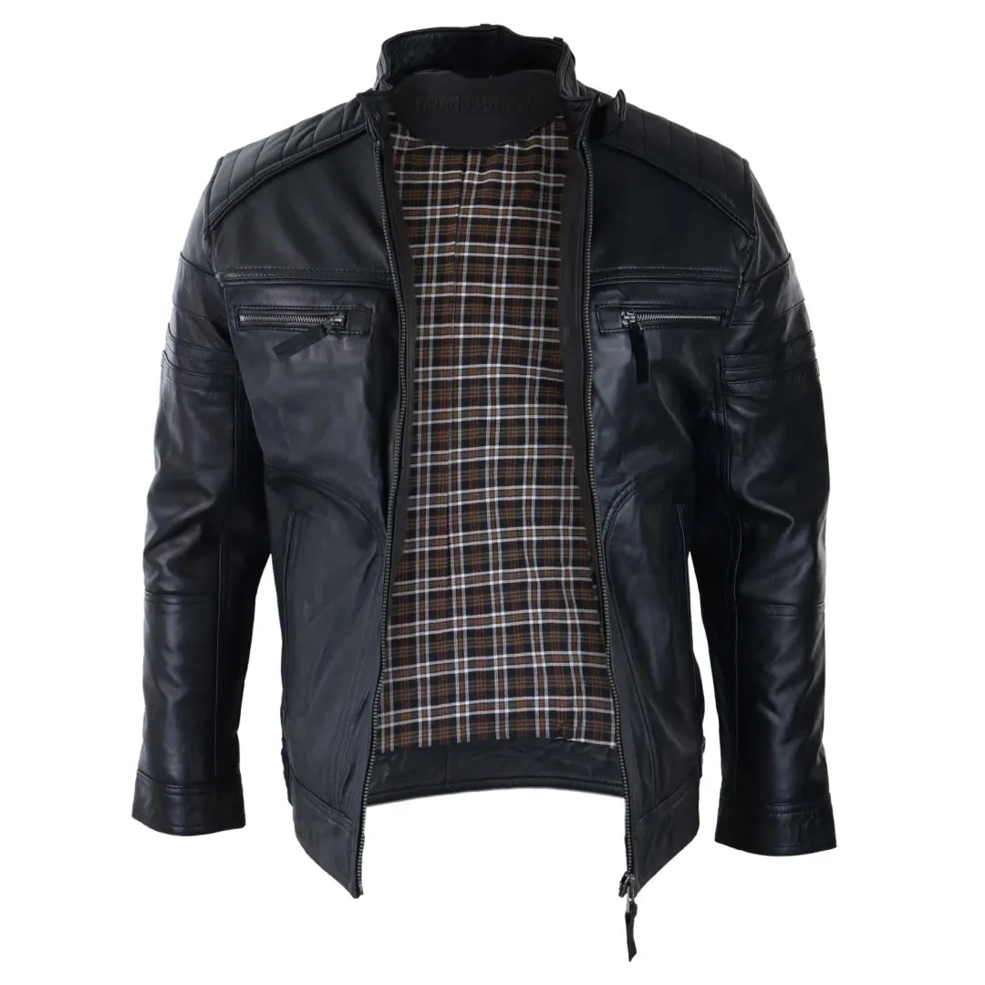 Men's Black Brown Biker Leather Jacket Distressed Zipped