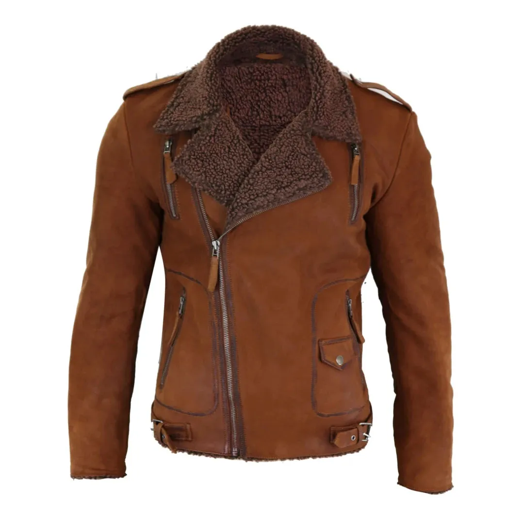 Men's Black Brown Cross Zip Leather Biker Jacket Fleece Lined Fitted