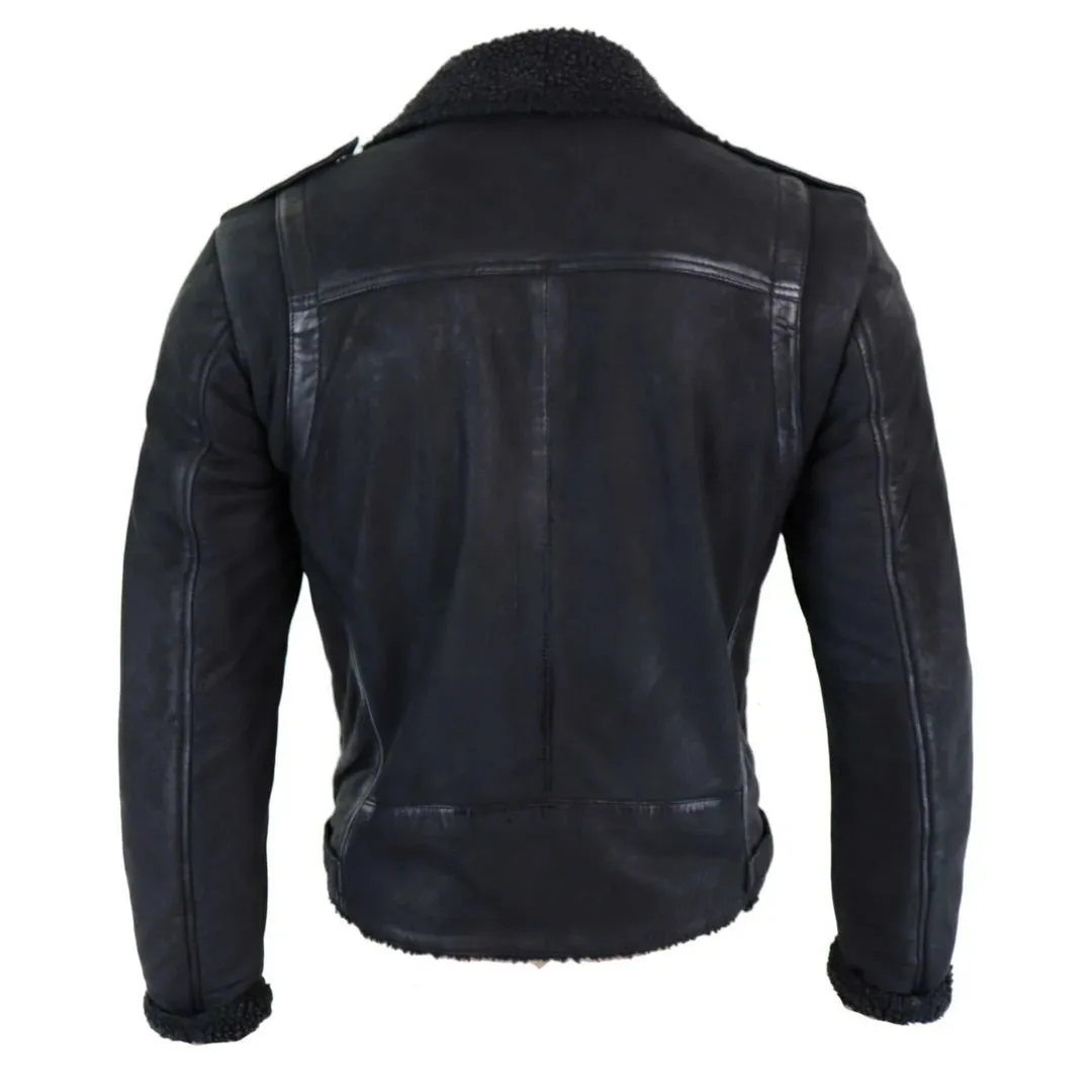 Men's Black Brown Cross Zip Leather Biker Jacket Fleece Lined Fitted