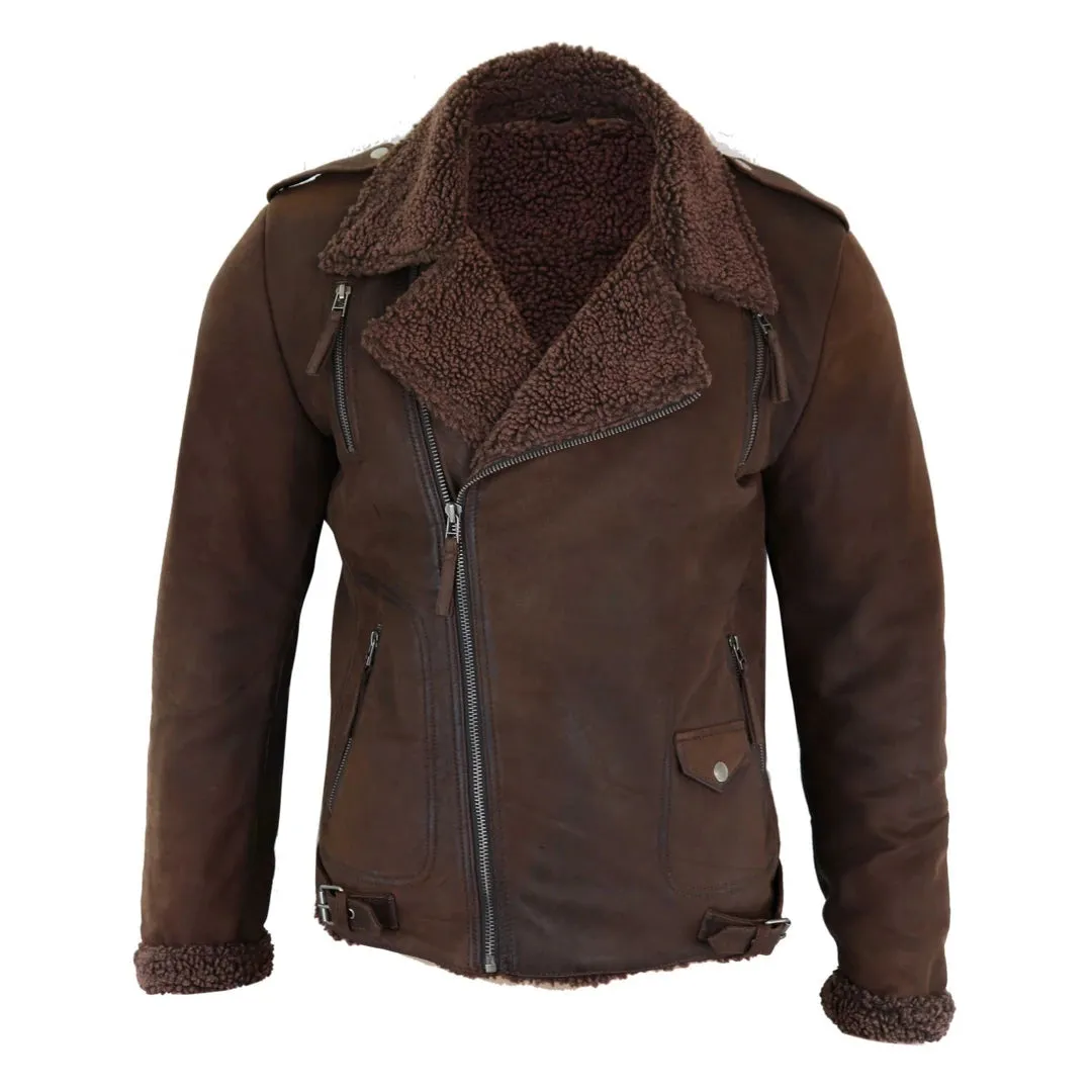 Men's Black Brown Cross Zip Leather Biker Jacket Fleece Lined Fitted
