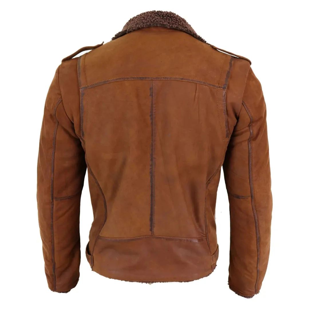 Men's Black Brown Cross Zip Leather Biker Jacket Fleece Lined Fitted