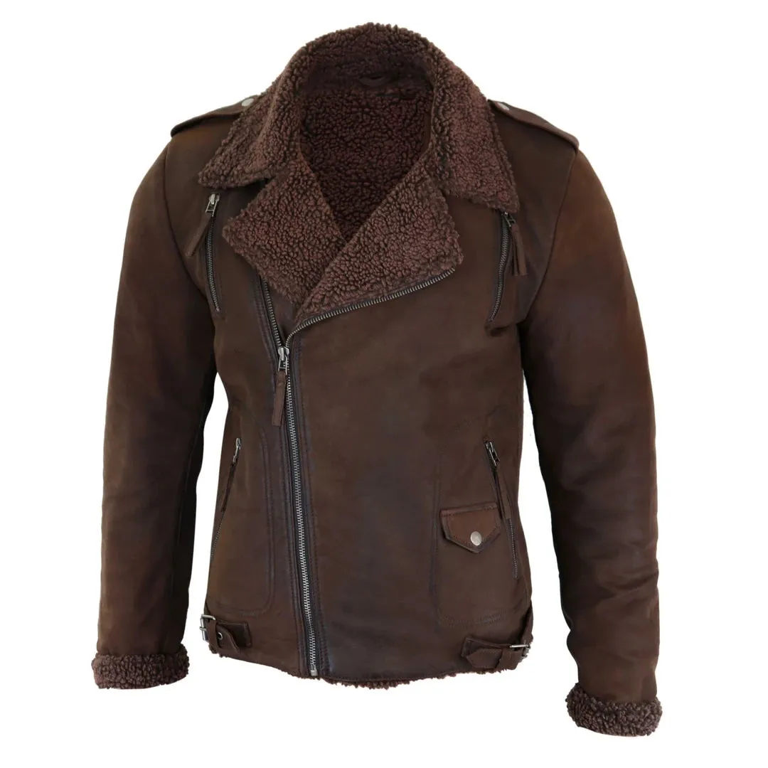 Men's Black Brown Cross Zip Leather Biker Jacket Fleece Lined Fitted