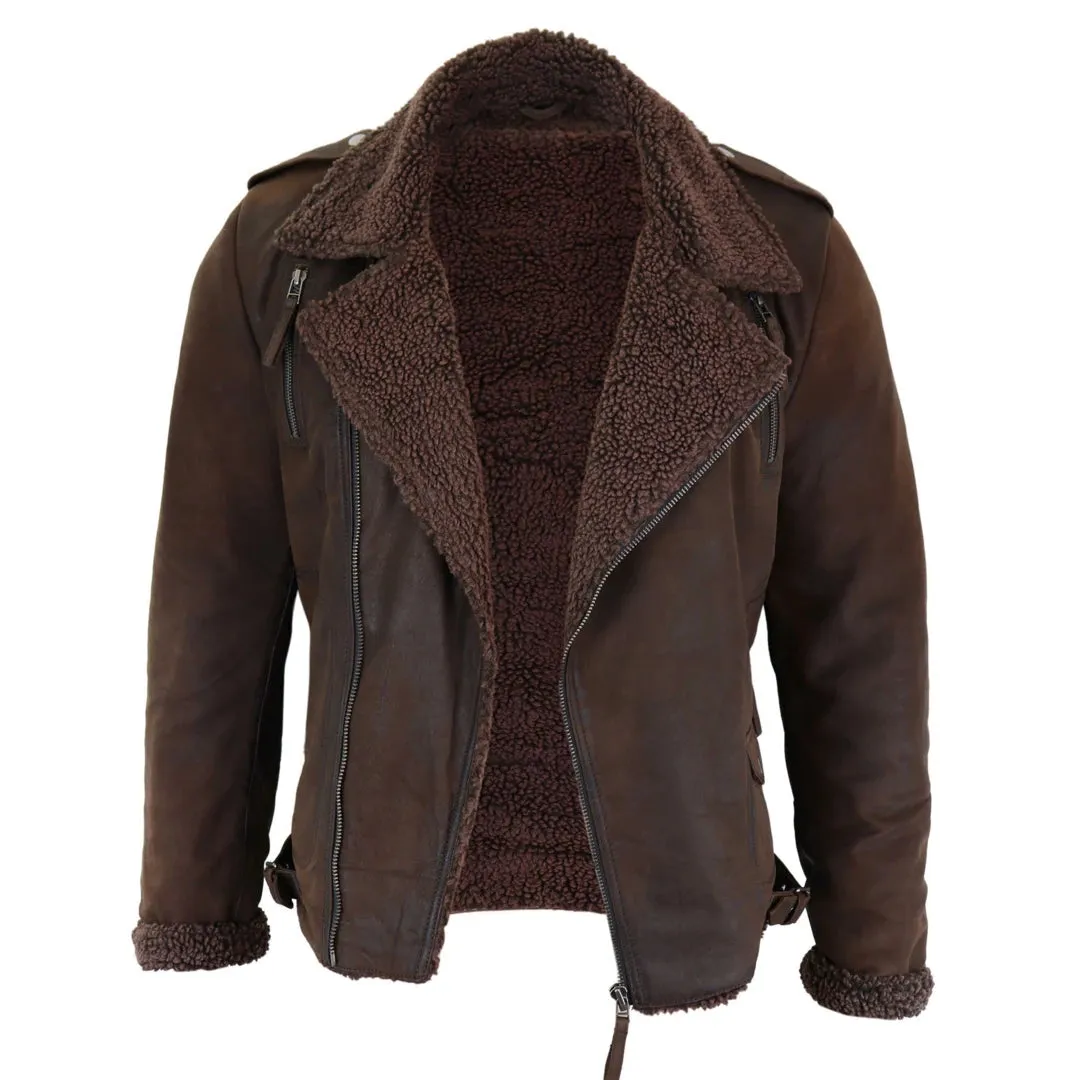 Men's Black Brown Cross Zip Leather Biker Jacket Fleece Lined Fitted