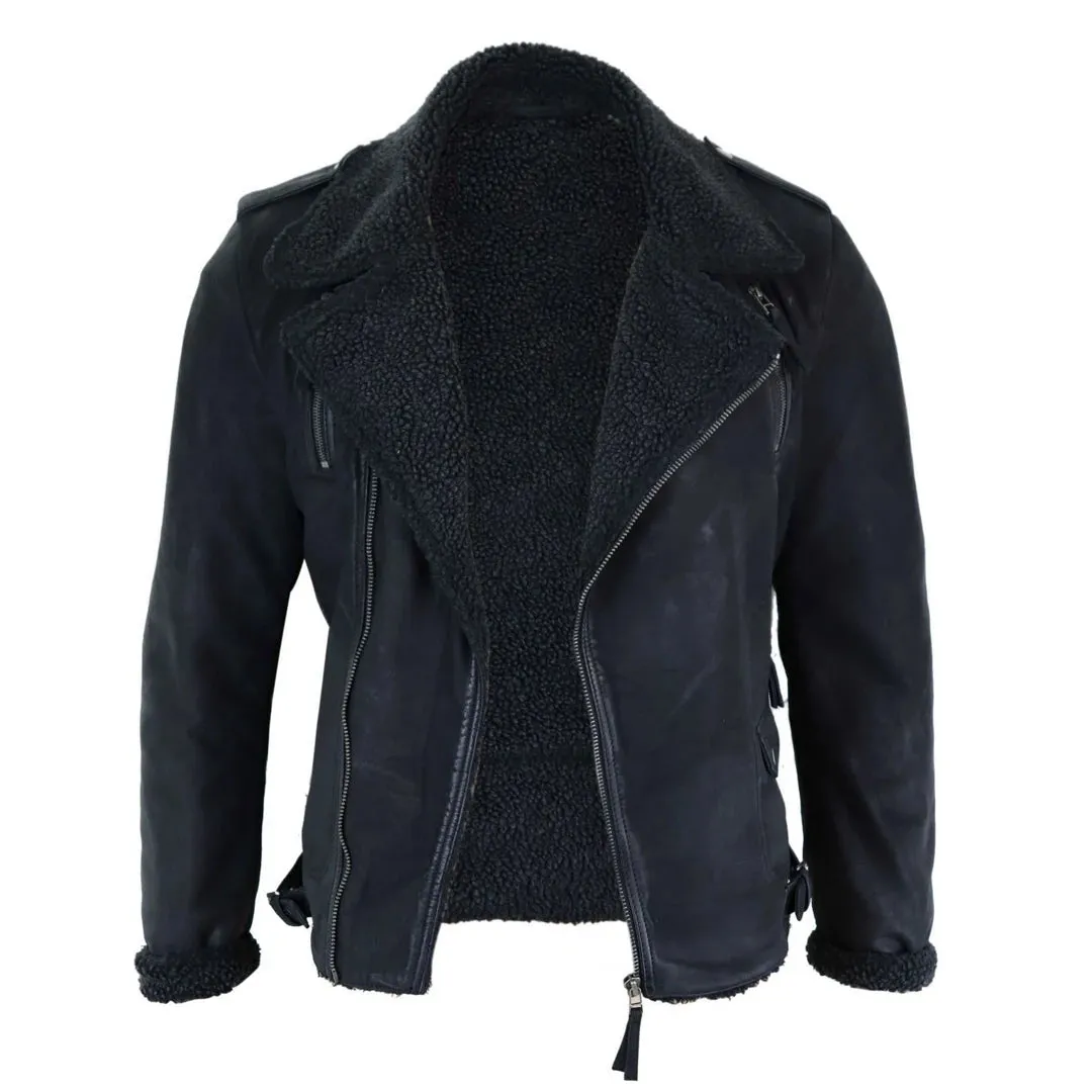 Men's Black Brown Cross Zip Leather Biker Jacket Fleece Lined Fitted