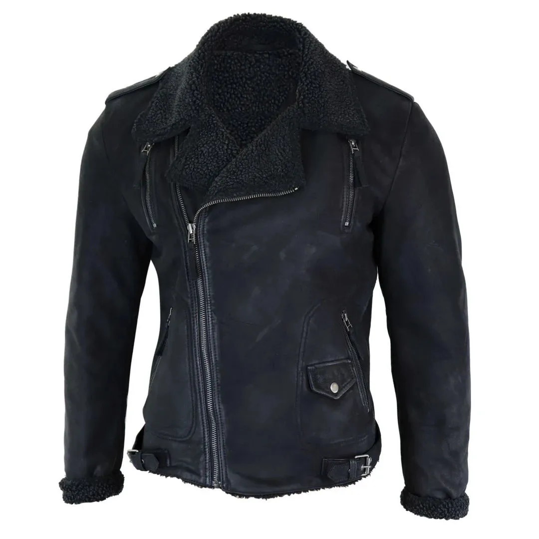 Men's Black Brown Cross Zip Leather Biker Jacket Fleece Lined Fitted