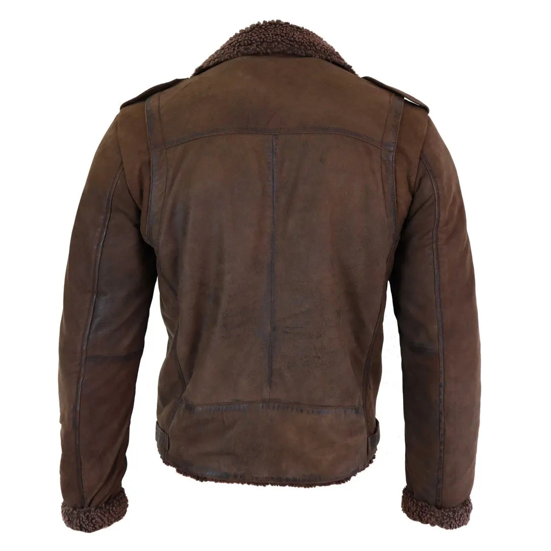 Men's Black Brown Cross Zip Leather Biker Jacket Fleece Lined Fitted