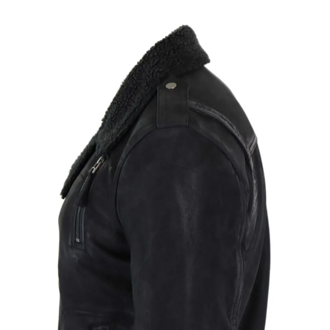 Men's Black Brown Cross Zip Leather Biker Jacket Fleece Lined Fitted