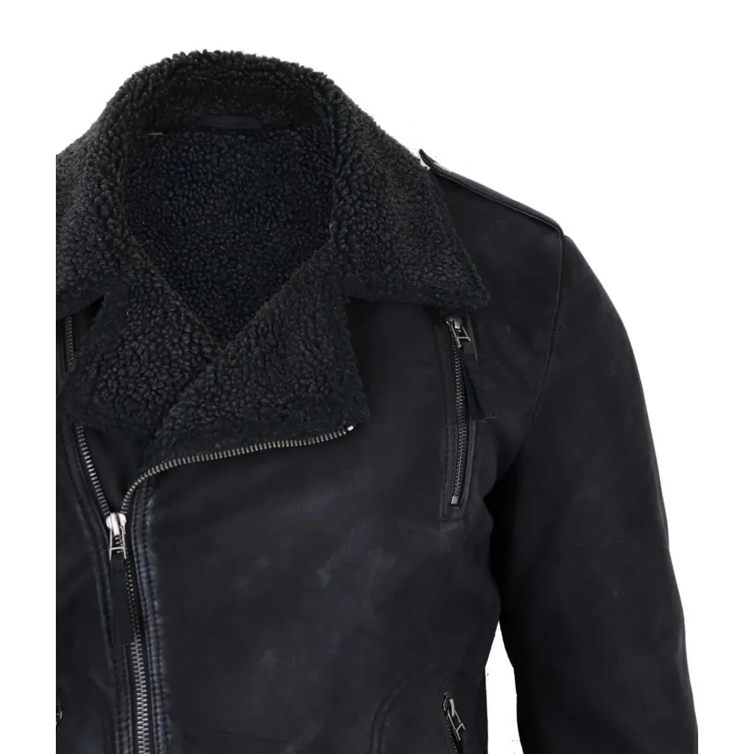 Men's Black Brown Cross Zip Leather Biker Jacket Fleece Lined Fitted
